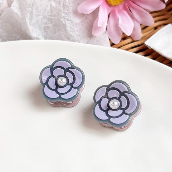 Hair Claw with High-Elastic Spring Camellia Design Hair Clip with Imitation Pearl Decor