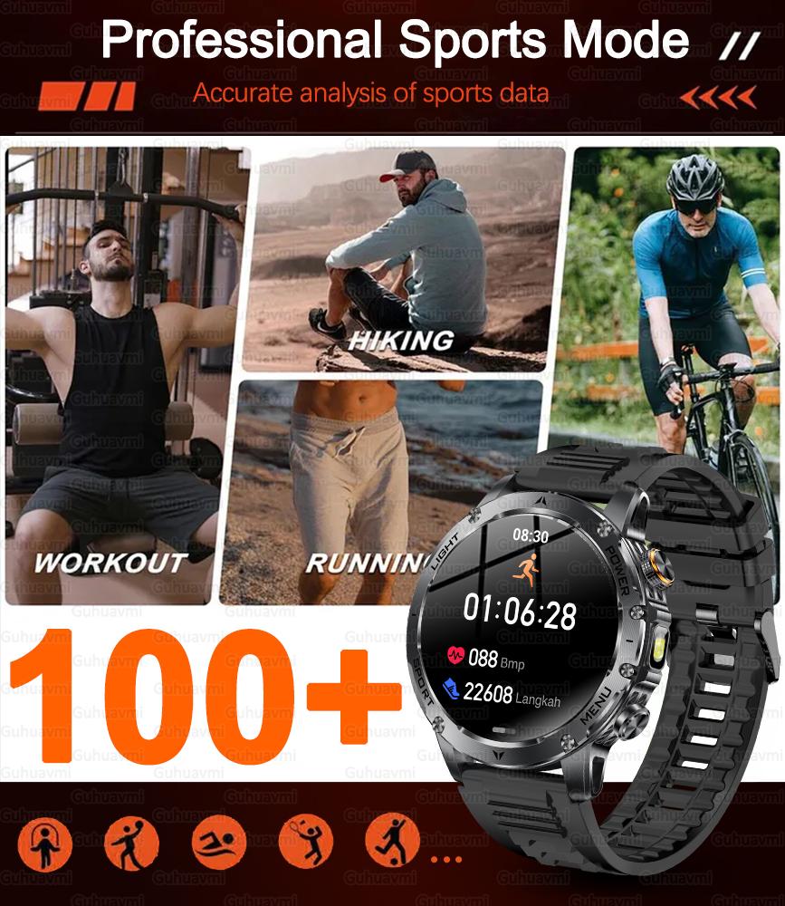New Military Sports Smart Watch 1000mAh Battery 5ATM Waterproof LED Flashlight Fitness trackr Smartwatch Men