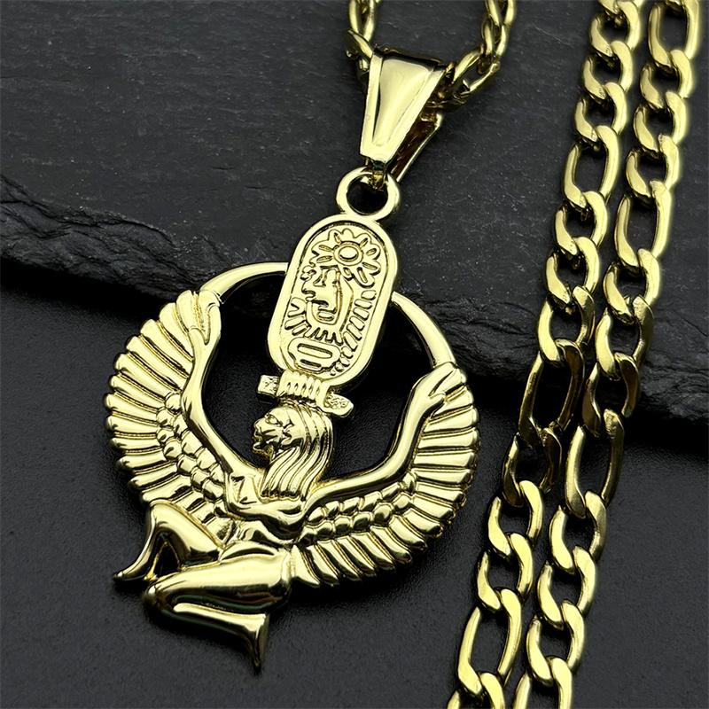Egipska bogini Izis symbol życia naszyjnik dla kobiet mężczyzn stal nierdzewna kolor złoty tajemniczy kartusz amulet łańcuszek biżuteria