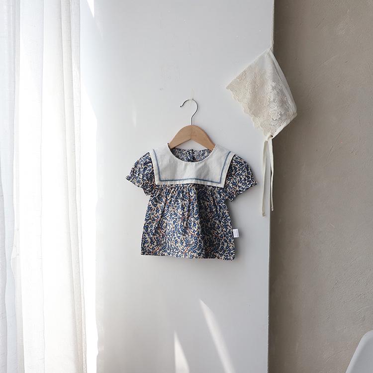 Korean Kids' Floral Two-Piece Summer Set: Girls' Short Sleeve Doll Shirt and Shorts