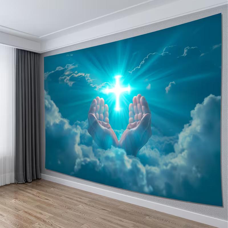 2D Christian Cross Photography Backdrop, Hands and Blue Sky Studio Background
