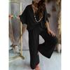 Summer Two Piece Set For Women Long Pant Sets V Neck Bat Sleeve Casual Loose Wide-leg Pants 2 Piece Set Solid Color Outfits
