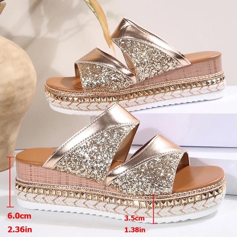 Fashion Gold Sequins Platform Sandals for Women 2025 Summer Rivet Decor Thick Sole Slippers Woman Size36 43 Fashion Wedge Slides Sandals