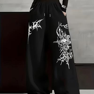 Fashionable and Trendy Street Style Retro Y2K Cross Pattern Printed Women's Casual Black Straight Leg Pants Wide Leg Sports Pants