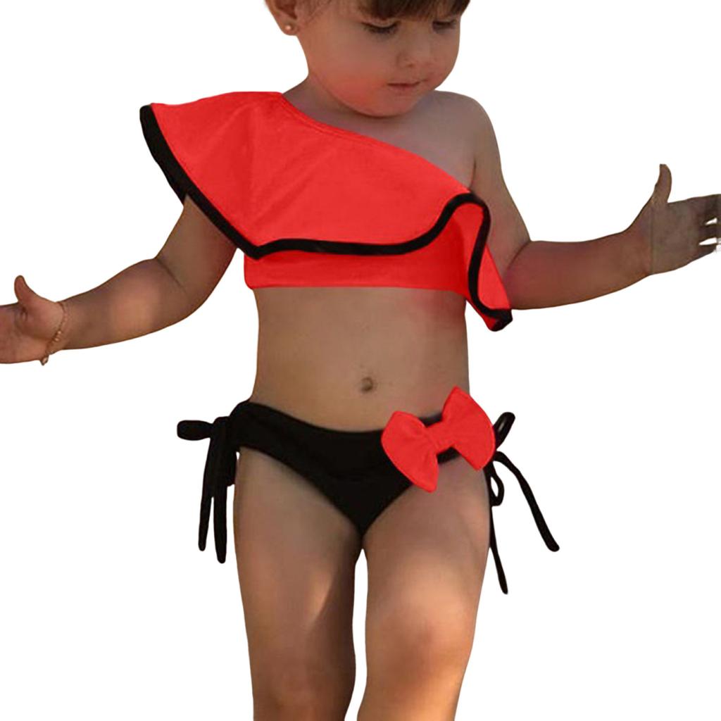 Girl's Ruffled Children's Swimsuit Slant Shoulder Candy Color Bow Cute Split Swimsuit