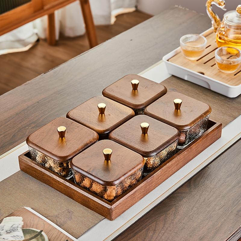 1 Set Glas Serviertablett-Set mit Deckel mit quadratischem Gittermuster & goldenem Knauf - Elegante Präsentation von Obst, Nüssen, Desserts für Weihnachten, Halloween, Hochzeiten, Partys