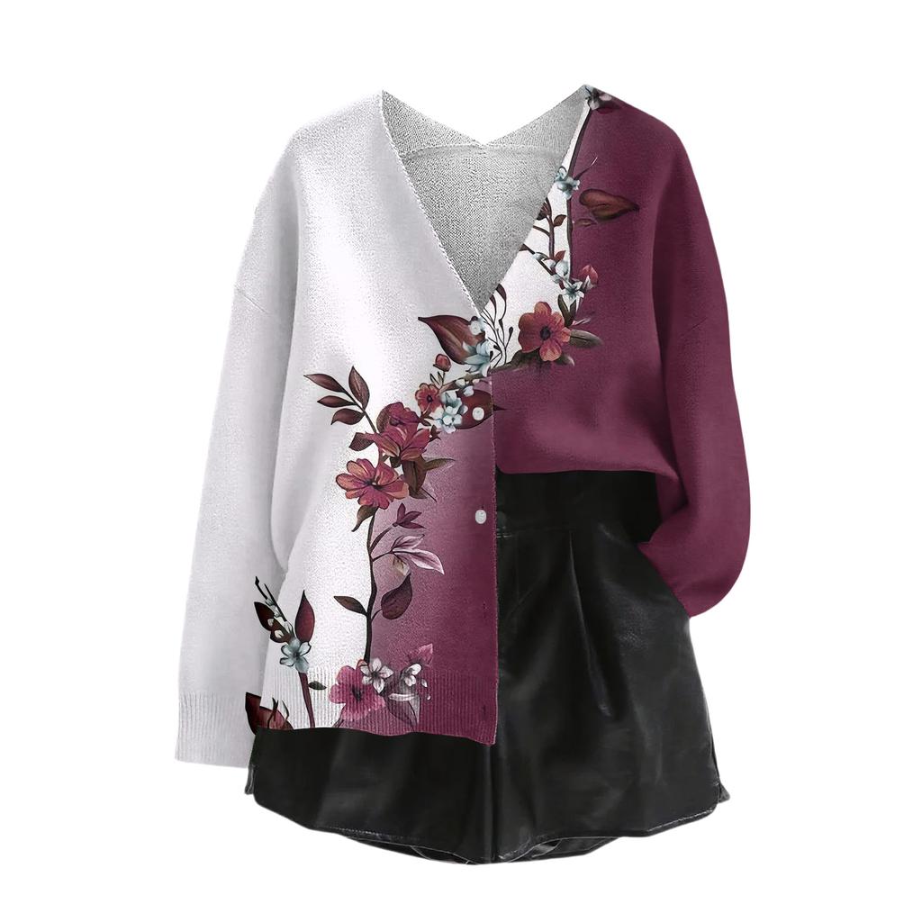 Women's V Neck Top Printing Thickened Plush Cashmere Warm Long Top