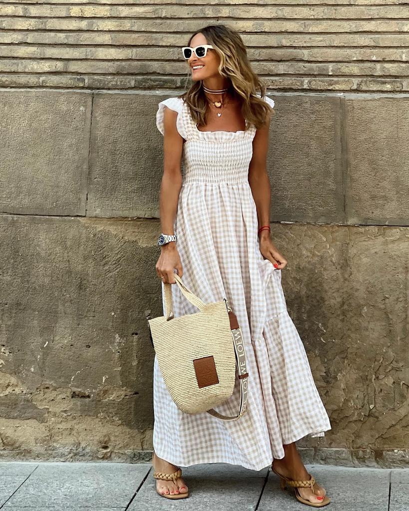 European American Women's Retro Plaid Sleeveless Maxi Dress with Thin Straps & Ruffles