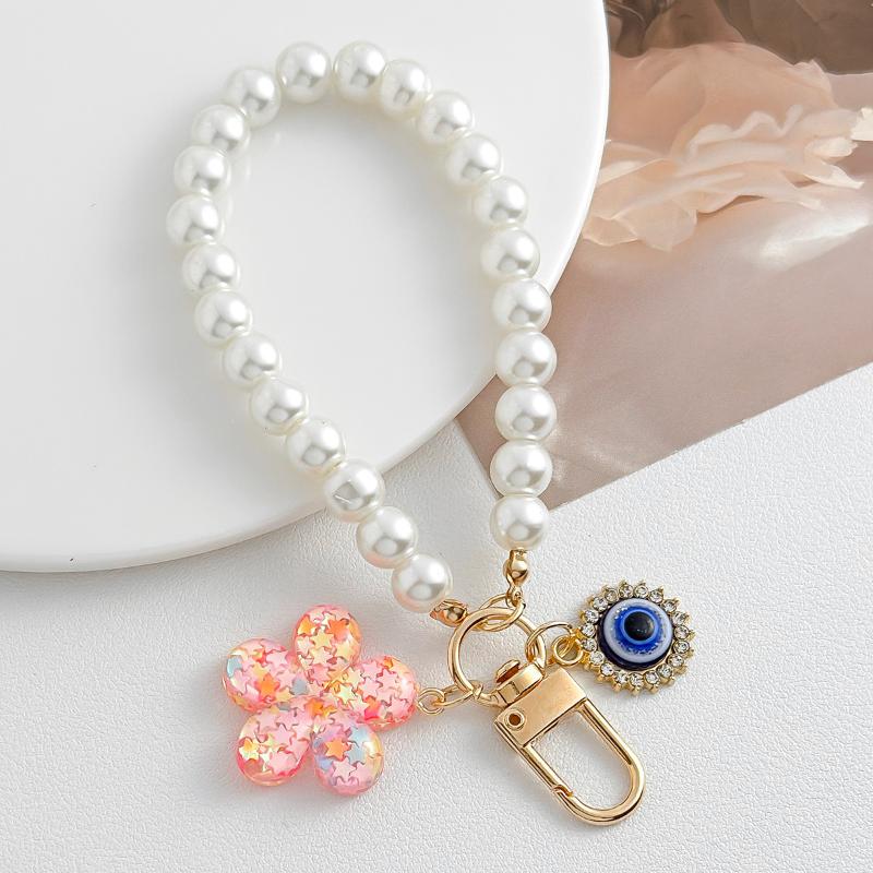Pink Love Heart Key Chain Pearl Flower Pendant Key Ring Pendants For Women Girls Handbag Decor Jewelry Gift