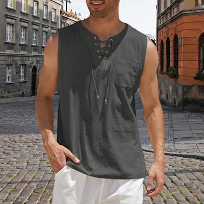 Men's Sleeveless T-shirt Lace Up V-Neck Loose Fit Blouse with Chest Pocket Solid Color Casual Summer Top for Daily Wear Gym Travel