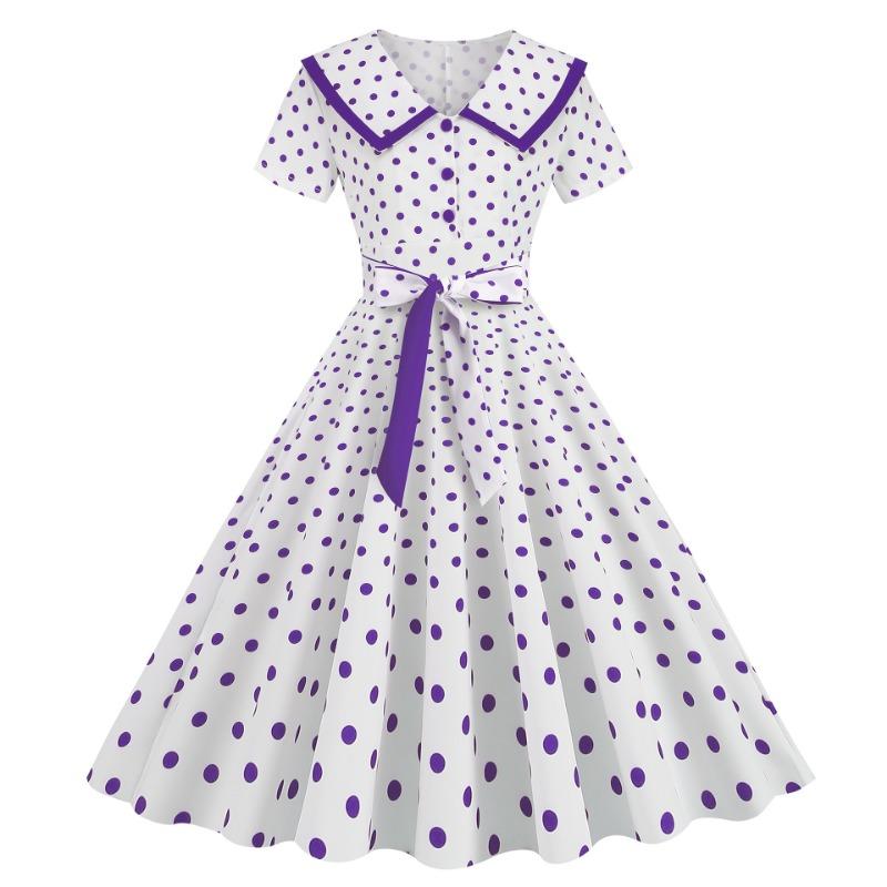 Retro Women's Summer Lapel Short Sleeve Belt Waist Slim Swing Polka Dot Printed Dress
