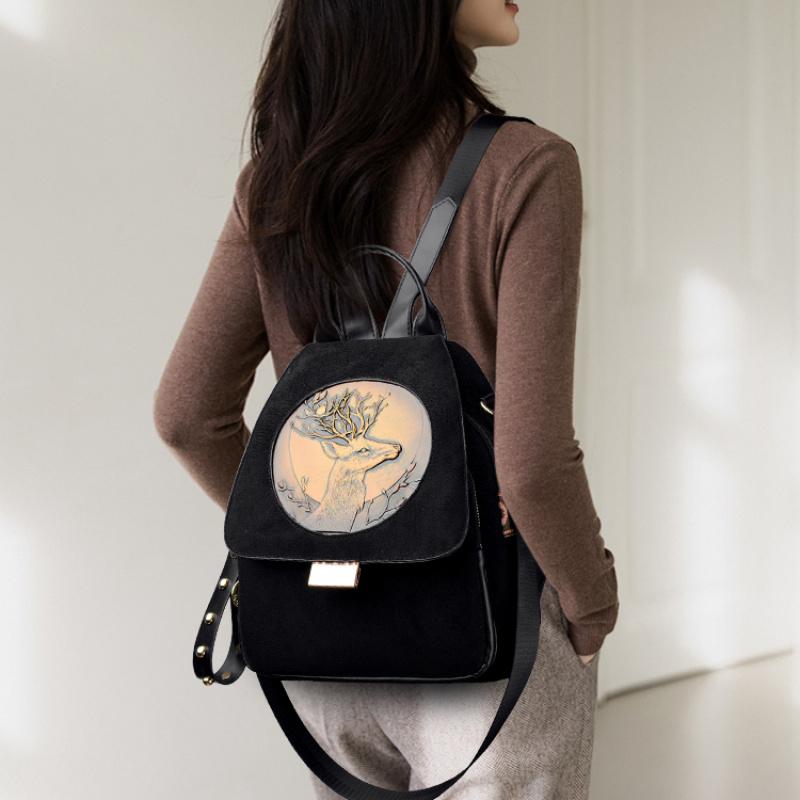 Vintage Brown Suede Backpack with Deer Embossed Design - Convertible Shoulder Bag for Women, Fashion Travel & Daily Use