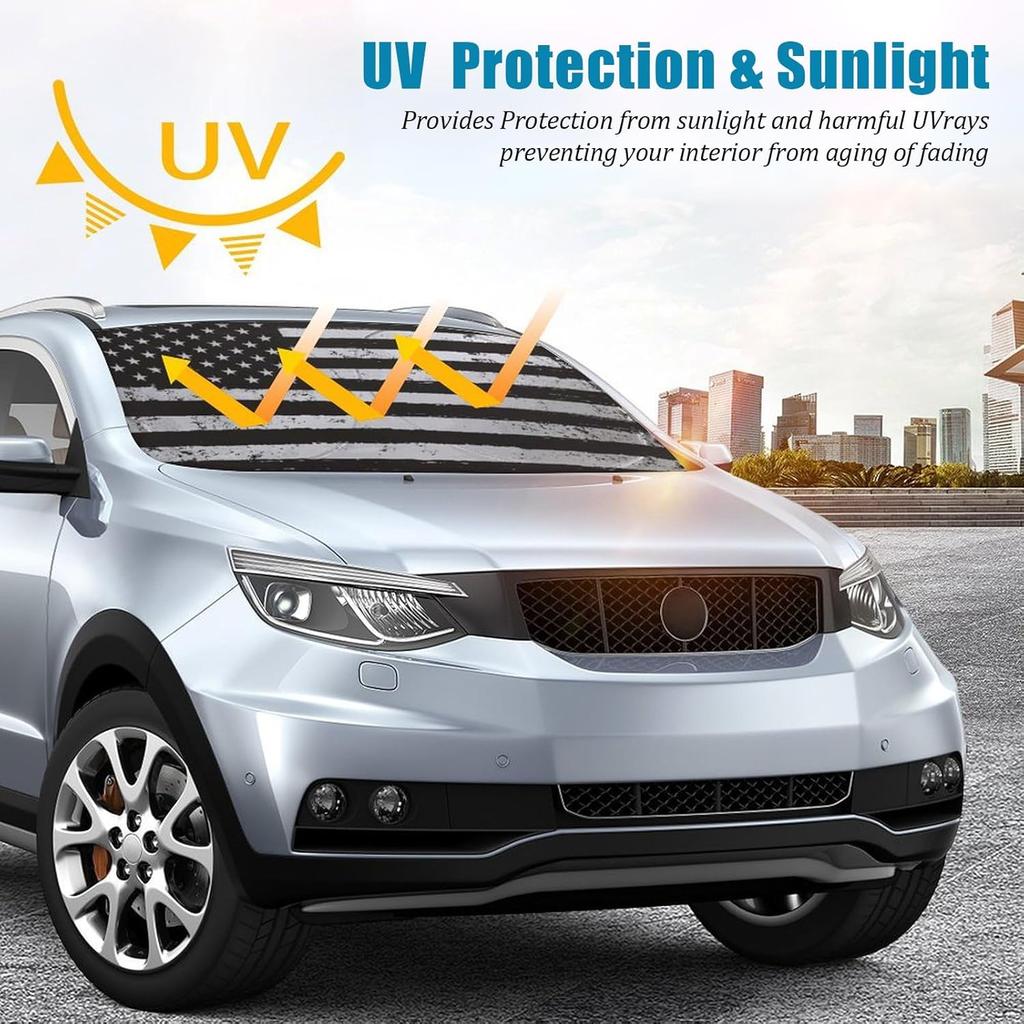 American Flag Car Windshield Sun Shade Foldable Sunshade Front Window Cover Sun Visor Protector Accessories (59X27.5 Inches)