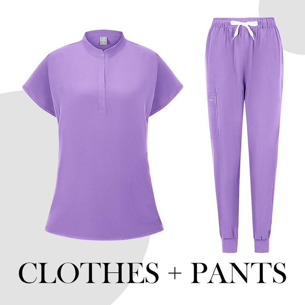 Women's Quick Drying Fabric Solid Color V-neck Pocket Short Sleeved Pants Set Workwear