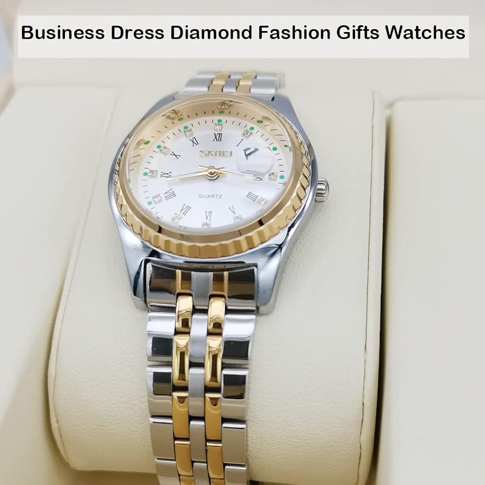 "Classic Women's Analog Quartz Watch Gold Silver Stainless Steel Waterproof Casual Date Display"