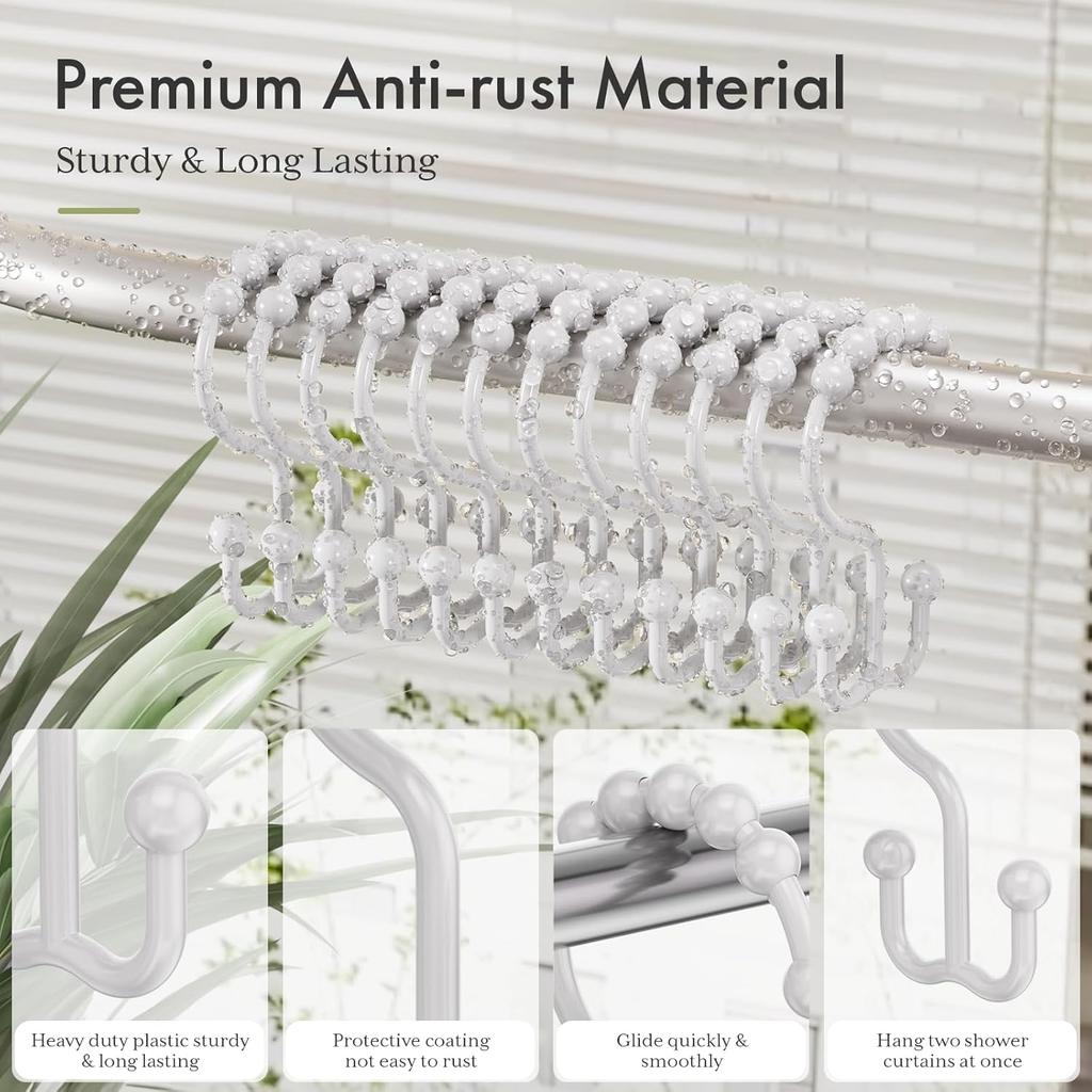Amazer Plastic Shower Curtain Hooks, Double Shower Curtain Rings, Shower Rings for Shower Curtain, White Shower Hooks for Curtain Liner Bathroom - 12