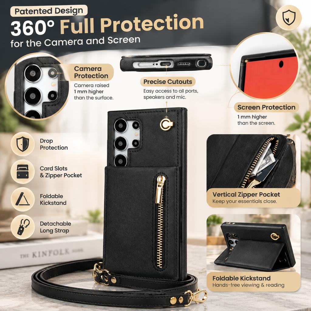 Samsung S26 Series PU Leather Phone Case with Long Strap, Zipper Pocket and Kickstand