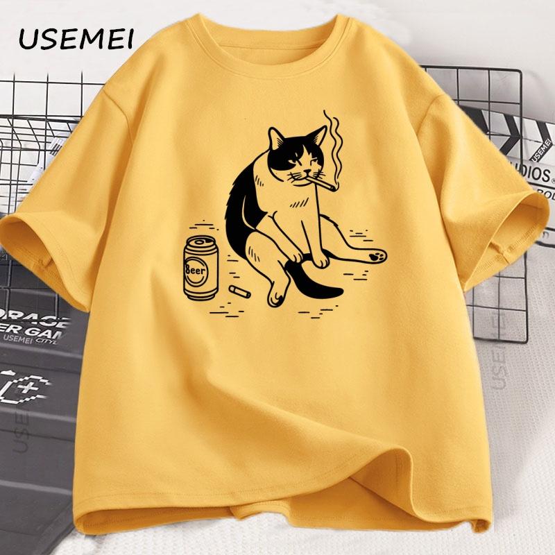Funny Smoking Cat Meme Tshirt Unisex Cigarette Joke T Shirt Casual Stupid Brainrot Cat Lover Tshirt Humor Kitty Tee Male Clothes