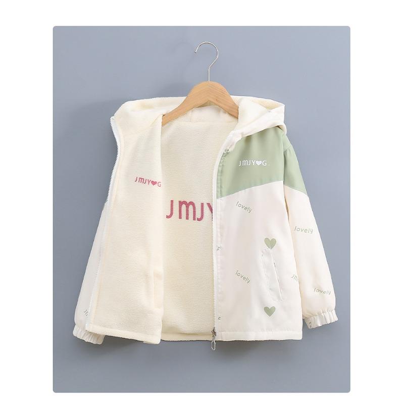Girls Fleece Lined Windproof Reversible Hooded Kids Casual Outerwear Jacket