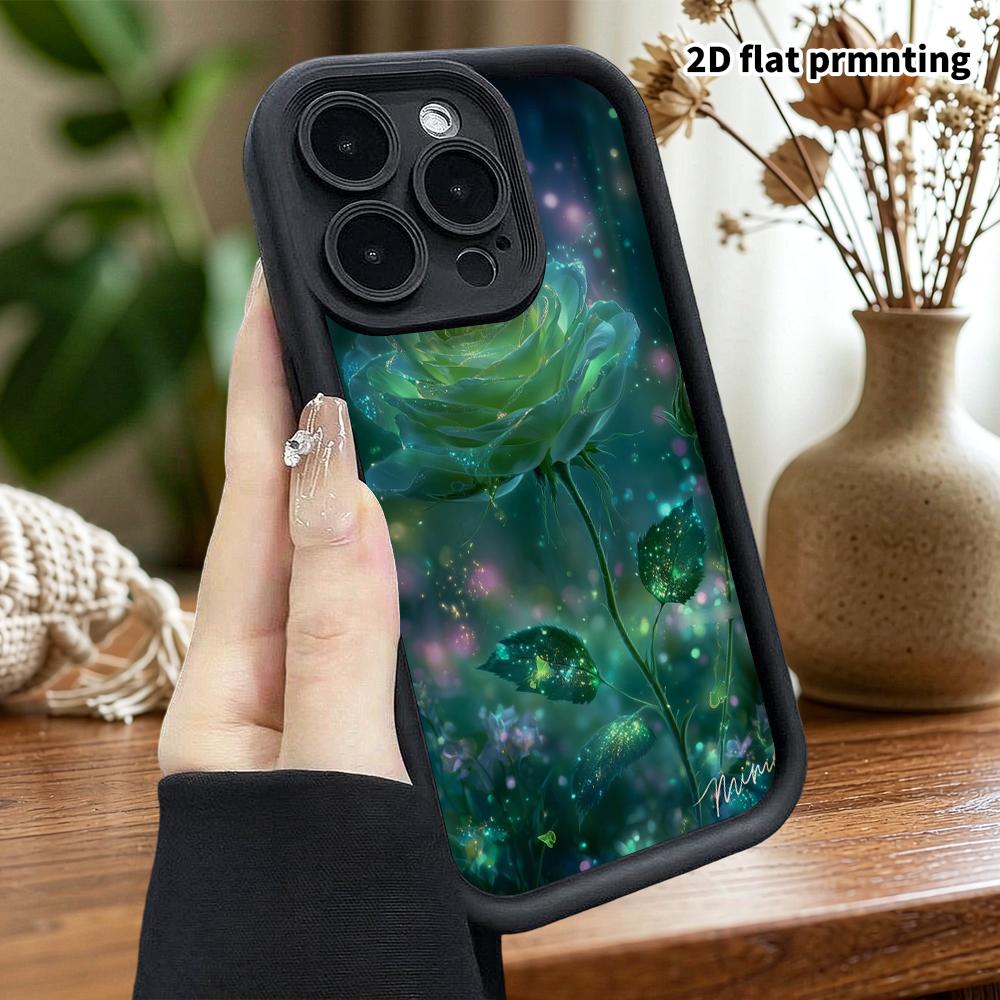 Phone Case: 2D Flat Design Suitable for iPhone 18 17 16 15 14 13 Pro Step Protection Case, Green Rose, Christmas and Halloween Gift