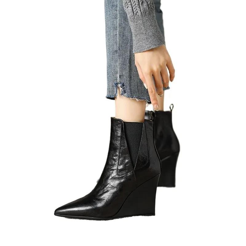 Fashion Women's Shoes 2024 Hot Sale  Ankle Women's Boots Elegant Modern Boots Women Sewing Pointed Toe Back Zip High Wedges Ladies Shoes