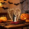 Skull And Rose Base Sculpture Skeleton Couple Hand Ornament, with Base, Durable Dark Romantic Halloween Decoration Resin Gothic Wedding Decor,