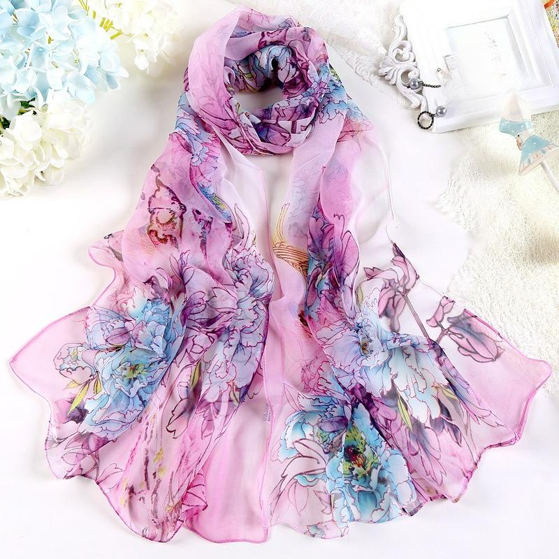 Summer Korean Version of The Season Silk Scarf Sunscreen Scarf Rich Peony Ladies Chiffon Long Silk Scarf Gauze Scarf