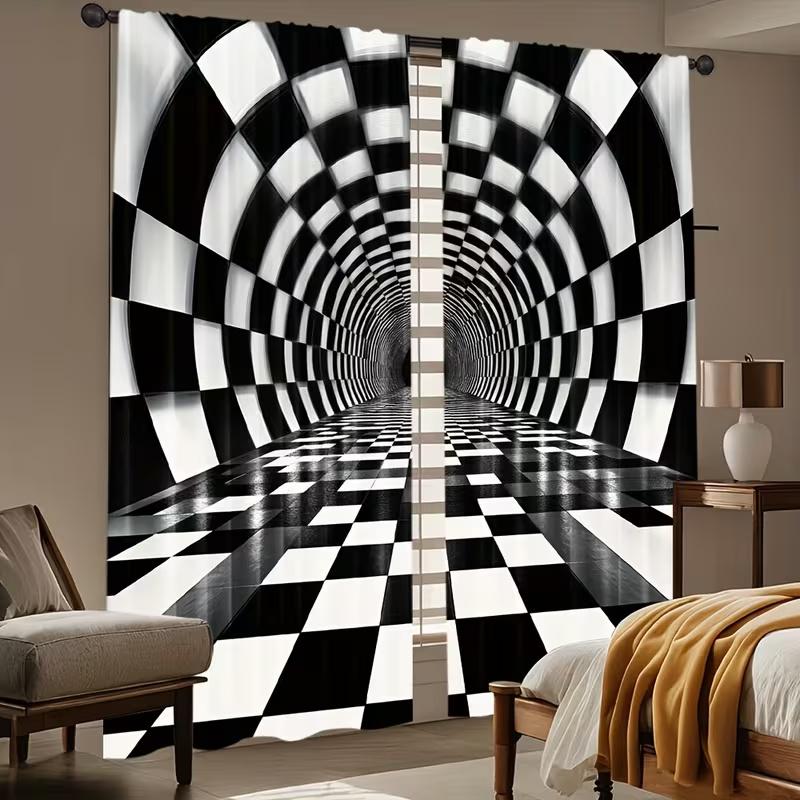 2Pcs Black and White Square Print Curtains,suitable for Bedroom,living Room Kitchen Decoration,home Decoration,window Decoration