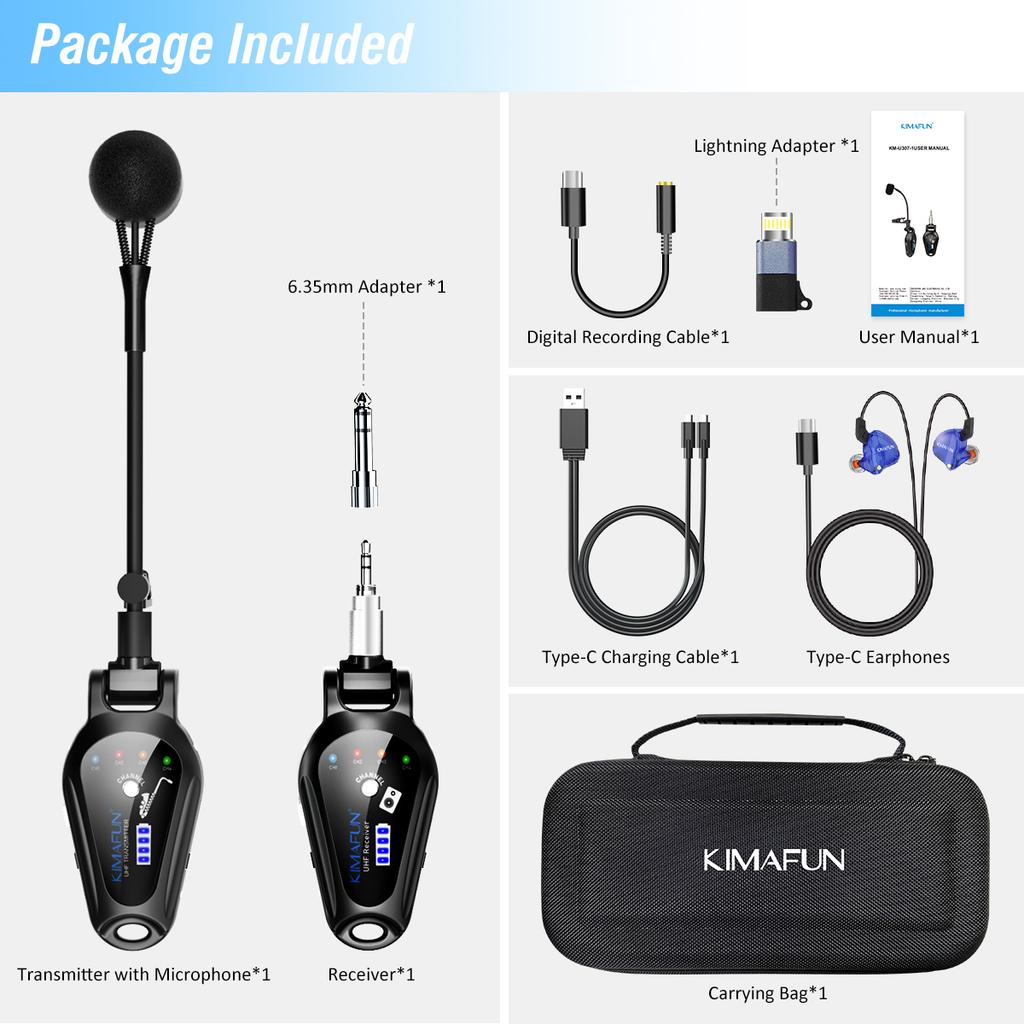 KIMAFUN Clip-On UHF Wireless Saxophone Microphone,with Reverb and Bluetooth Monitoring for Musicians,Audio Mixers,Speakers,PA