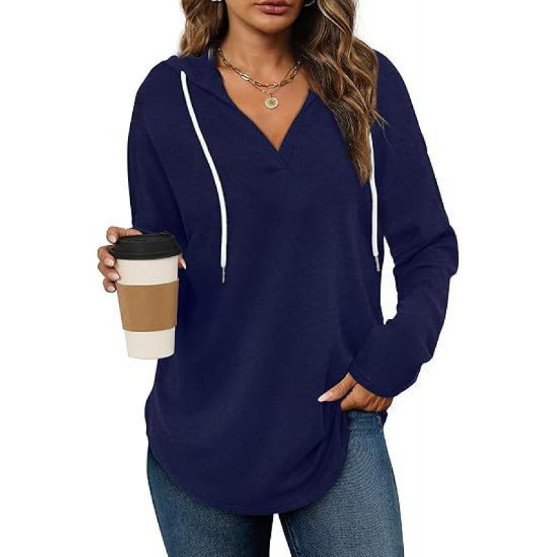 Womens Hooded V-Neck Long Sleeve Sweatshirt Loose Fit Casual Pullover Top In Solid Colors