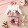 Newborn Baby Girl Spring Autumn Jumpsuit Flying Sleeves Pink Checkered Long Sleeved Jumpsuit+Headband for 0-18 Months Baby Girl