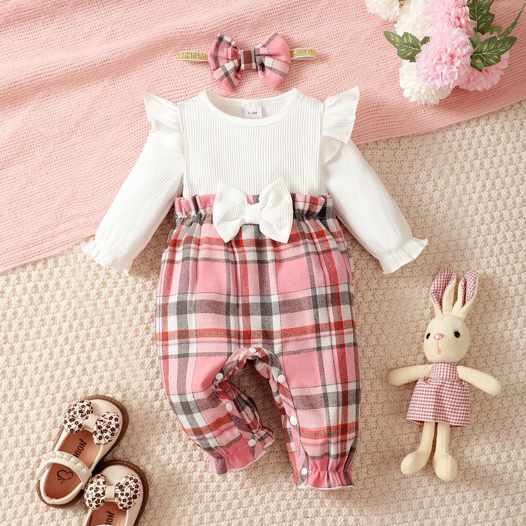 Newborn Baby Girl Spring Autumn Jumpsuit Flying Sleeves Pink Checkered Long Sleeved Jumpsuit+Headband for 0-18 Months Baby Girl