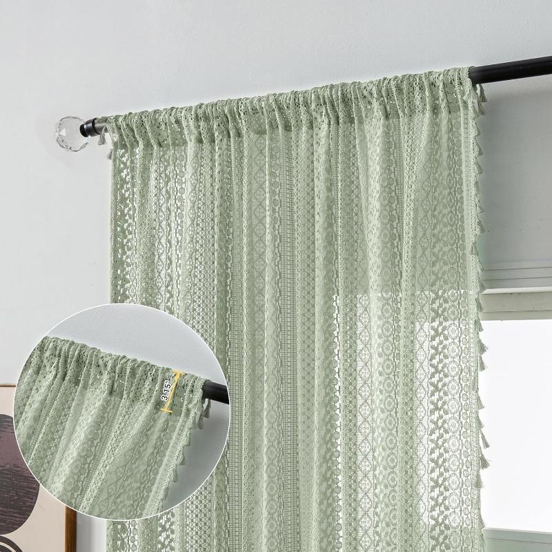 Cremefarbene Vintage-Vorhänge Boho-Vorhänge für Schlafzimmer 1 Stück, Bauernhaus Böhmische Dekoration Häkelspitze Transparent Sichtschutz Lichtdurchlässig mit Quasten Lange Fenstervorhänge Stangentasche