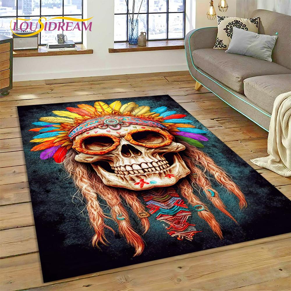 Cartoon Horrible Gothic Skull Flowers Carpet Rug for Home Living Room Bedroom Sofa Doormat Decor,Kid Area Rug Non-slip Floor Mat