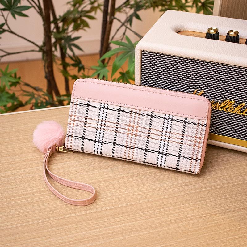 Women's Long Wallet Autumn and Winter New White Plaid Clutch Bag Color Scheme Single Hair Ball Change Bag One Piece Hair