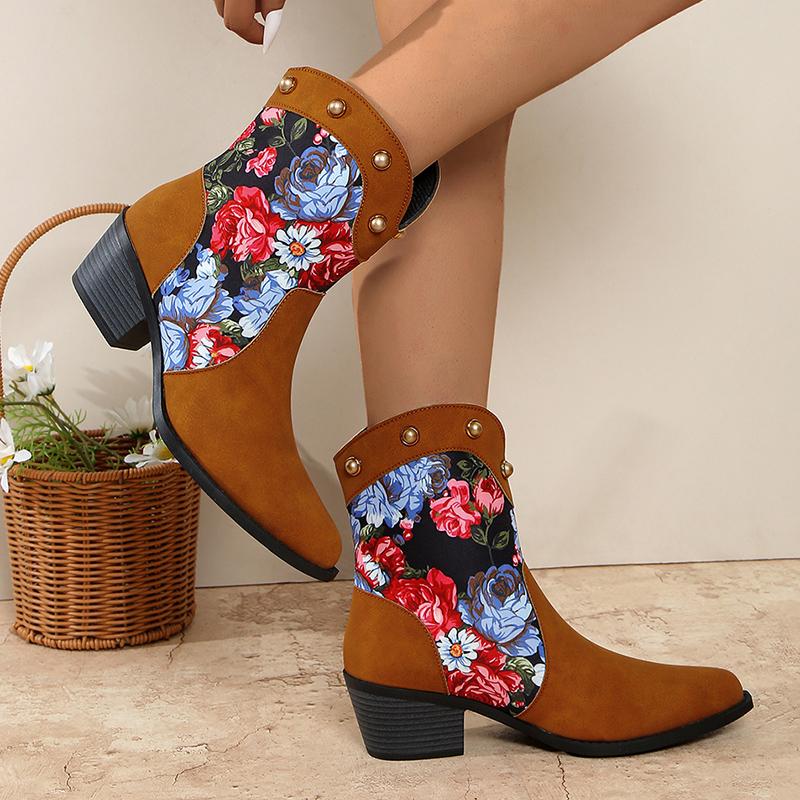 fashion Trendy Multi-Coloured Patchwork Print Women Ankle Boots Metal Rivet Decoration Pointed Toe Women's Boots Winter New Ladies Boots