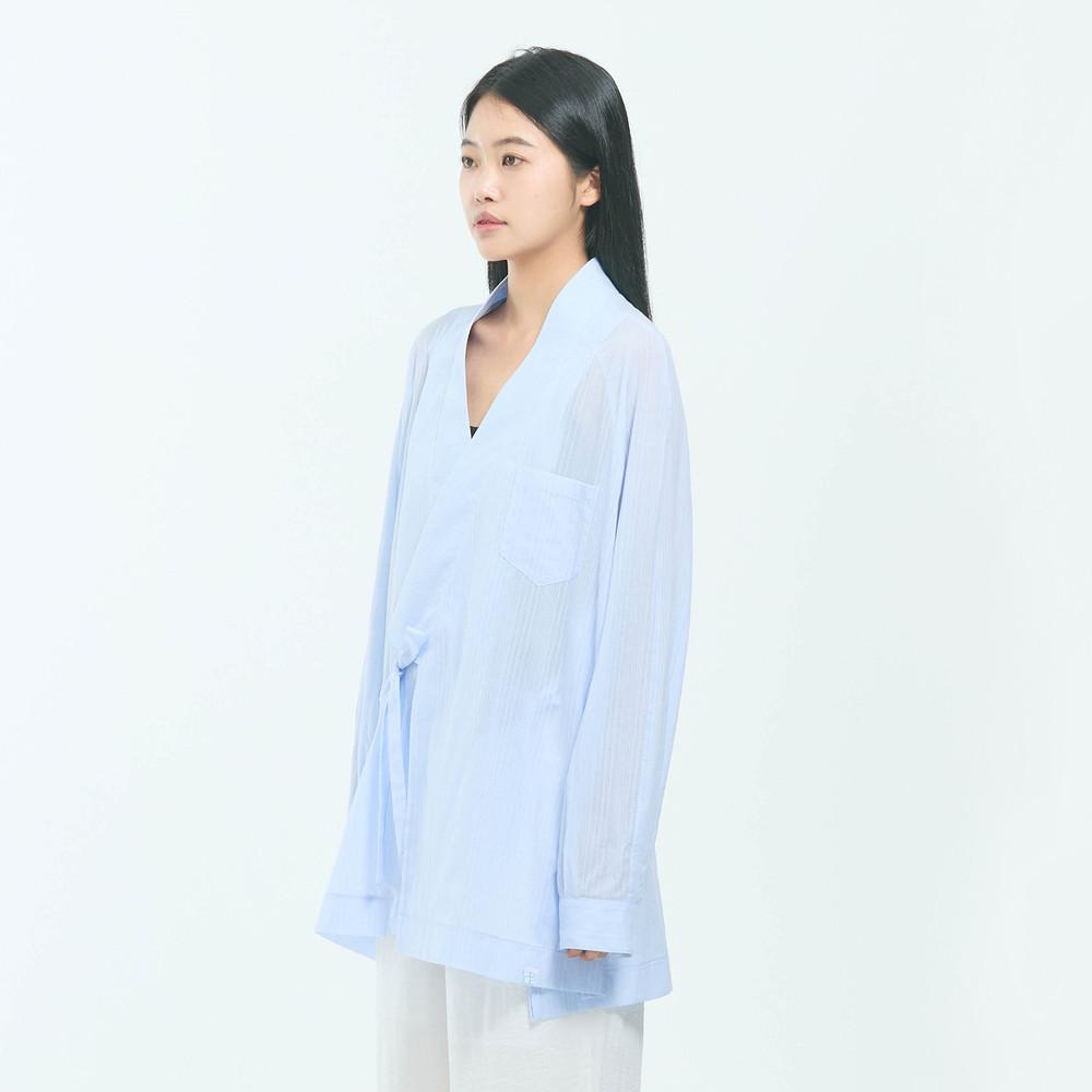 LEESLE Breeze Jeogori — Korean Modern Hanbok Shirt Jacket | Lightweight Sheer Summer Blouse | Sky Blue / White / Grey