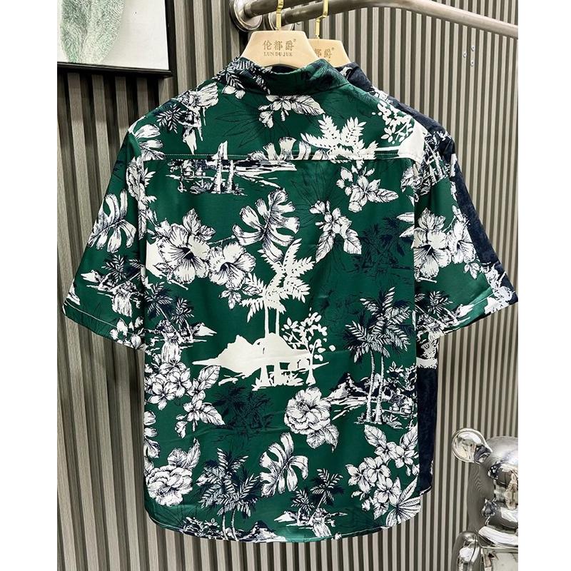 Men Clothing Summer Trendy Floral Print Hawaii Holiday Beach Shirt Casual Lapel Short Sleeve Pocket Loose Tops Camisa Masculina