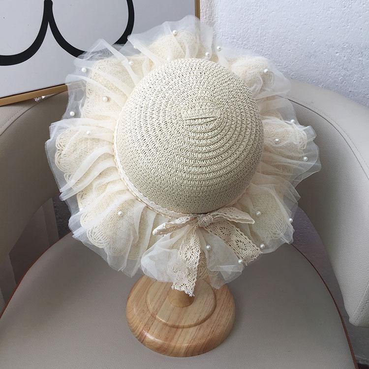Girls Summer Straw Sun Hat With Pearl Lace Wide Brim Baby Beach Shade Cap Stylish UV Protection Outdoor Headwear