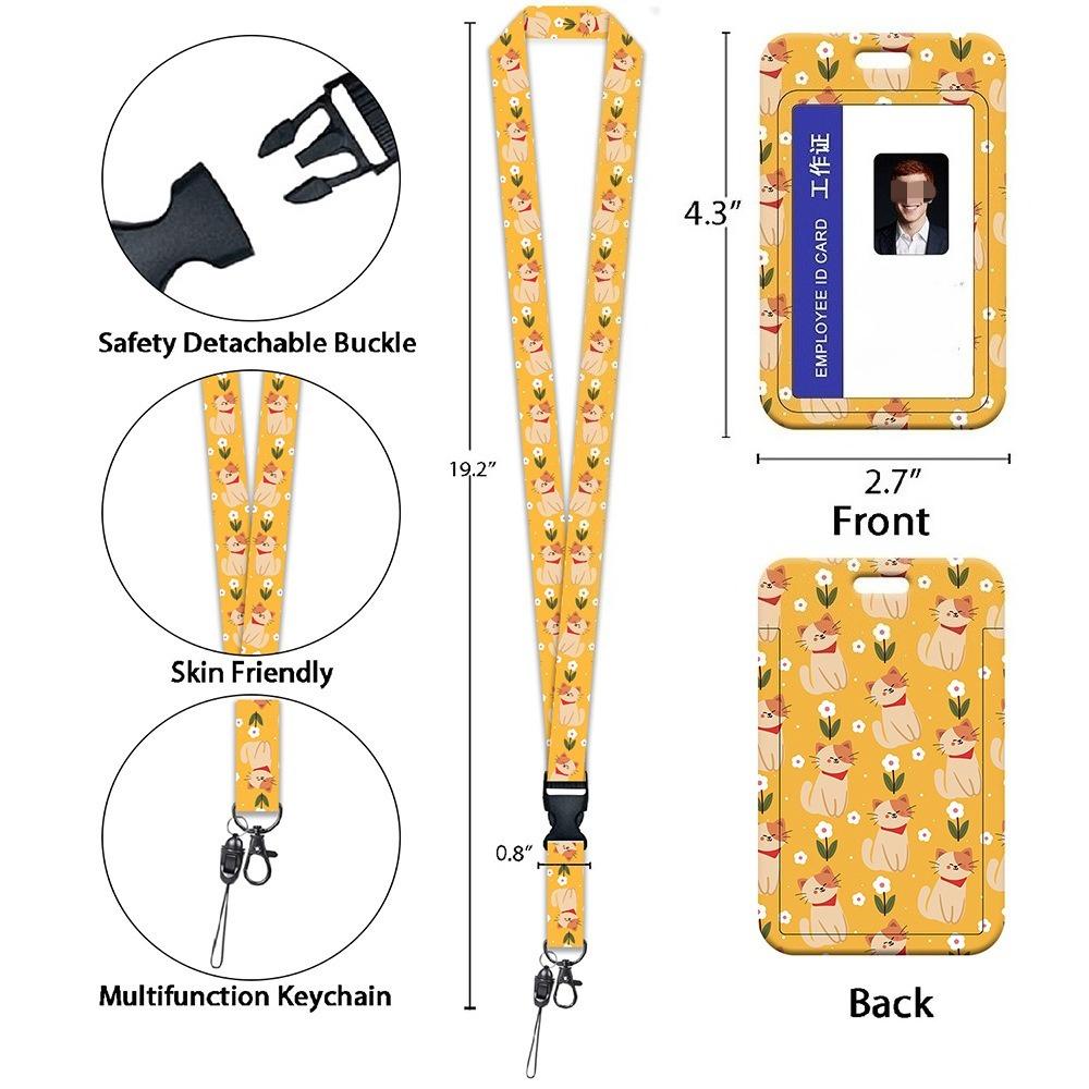 Ausweishalter mit Blumen-Katzen-Print Süßes Lanyard-Set für Damen Krankenschwester Lehrer Einziehbare Rolle Kartenclip Halter Tasche