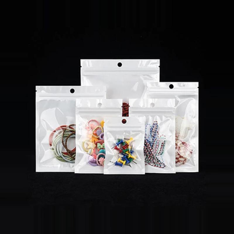 100Pcs White Clear Flat Pouch Cosmetic Packaging Jewelry Resealable Plastic Pearlescent Self-Sealing Data Cables Bag
