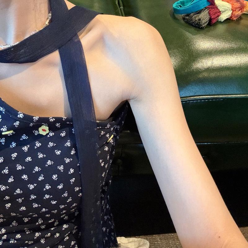 Floral Off-Shoulder Camisole Vest with Hanging Neck Scarf - Women's Slimming Spring/Summer Top