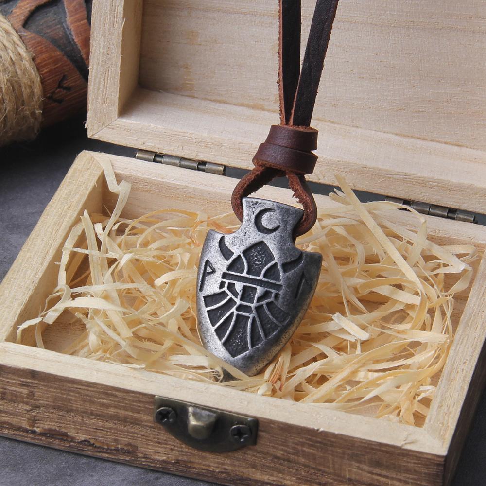Stainless Steel Viking Dragon Spear Pendant Necklace with Real Cow Leather Chain Mens Gift in Wooden Box