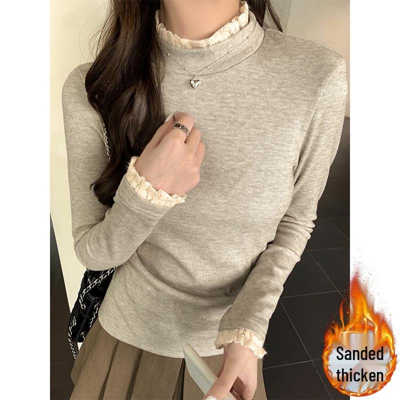 Trendy Plus-Size Lace Patchwork Velvet-Lined T-Shirt for Women - Autumn/Winter Large