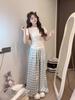 Korean Style Light Blue Plaid Embroidered High-Waisted Wide-Leg Pants