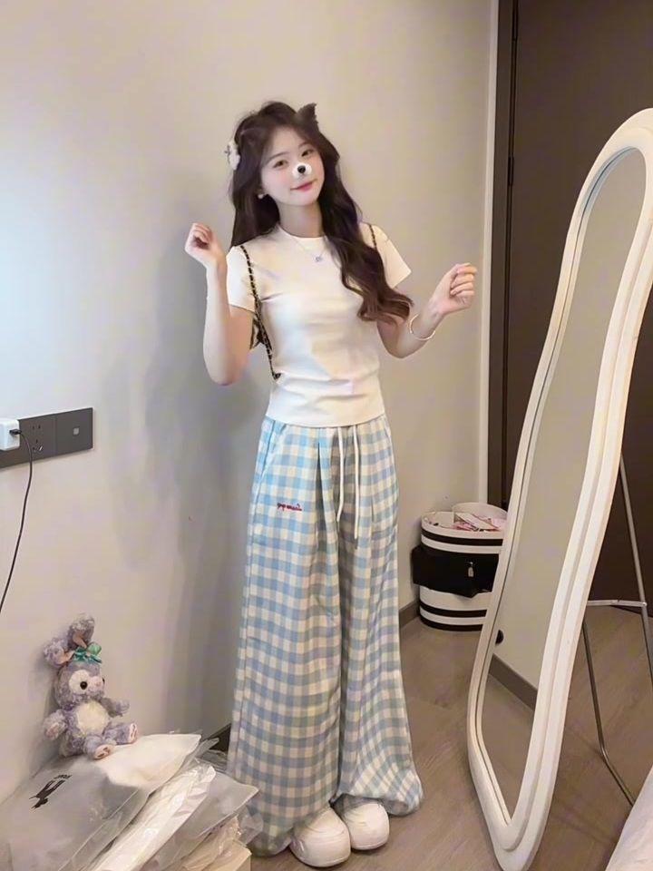 Korean Style Light Blue Plaid Embroidered High-Waisted Wide-Leg Pants