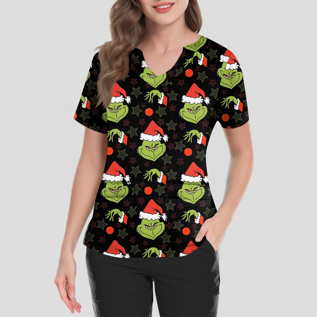 Women's Short Sleeved Christmas Printed V-neck Buttonable Side Slit Top T-shirt