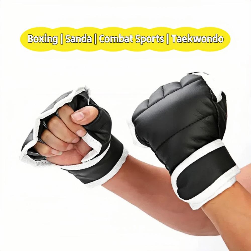1 pár černých půlprstových boxerských rukavic PU kožené bojové kick boxerské rukavice Karate Muay Thai tréninkové rukavice pro děti Muži