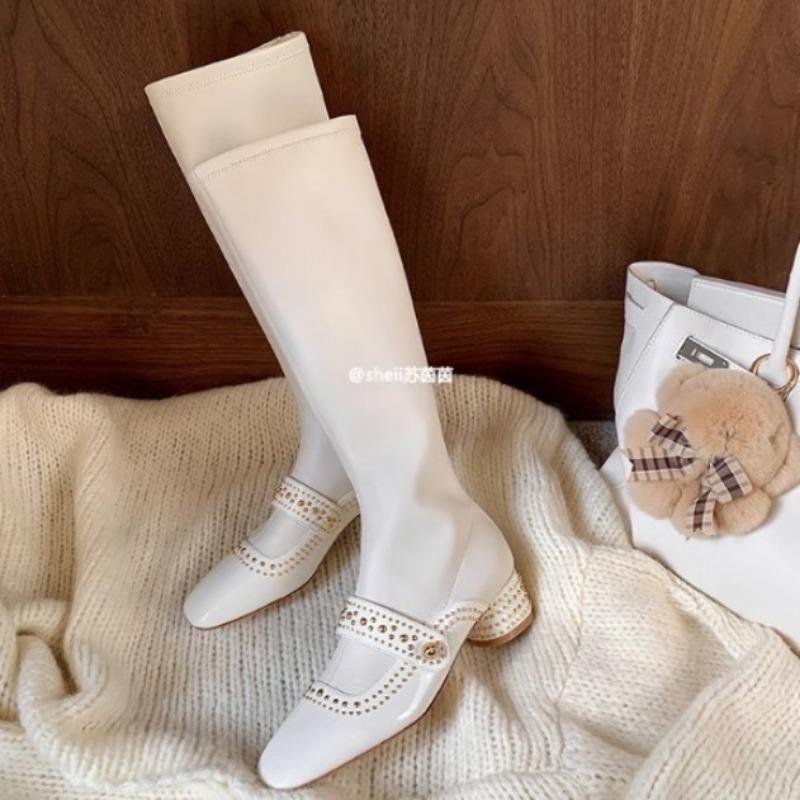 ! Shoes Square Head Rivet Rear Zipper Medium and High Elastic Boots Women's Skinny Short Boots