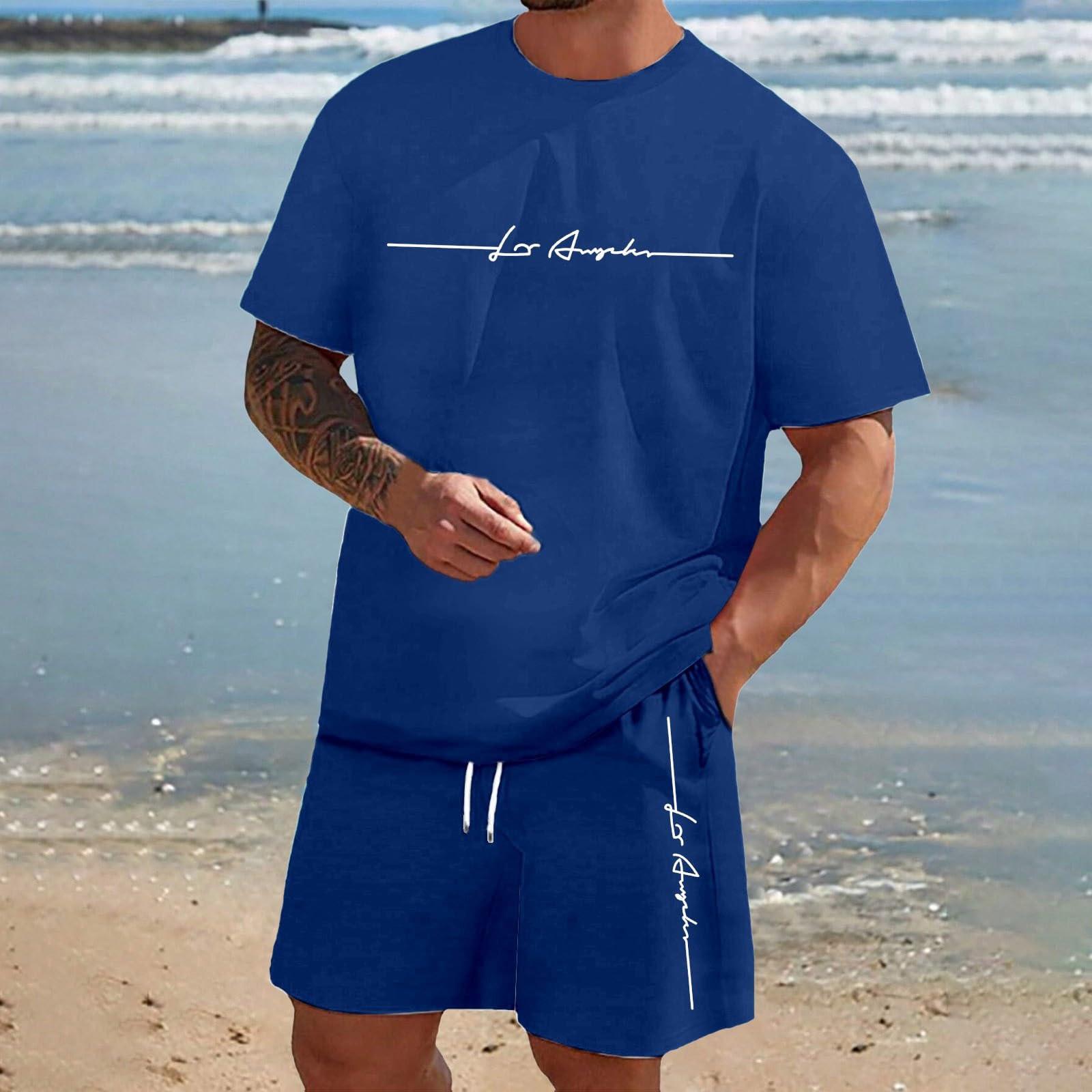 

Men S Solid Color Casual Round Neck Short Sleeved Shorts Two-Piece Set XXL синій